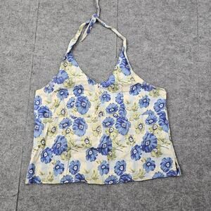 Faded Glory Halter Top Womens Large Y2K Blue Floral Cotton Coastal Festival Boho